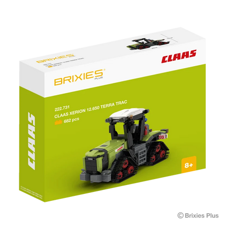 BRIXIES Plus CLAAS XERION 12.650 TERRA TRAC building set in its green CLAAS retail box with the completed tracked tractor pictured on the front
