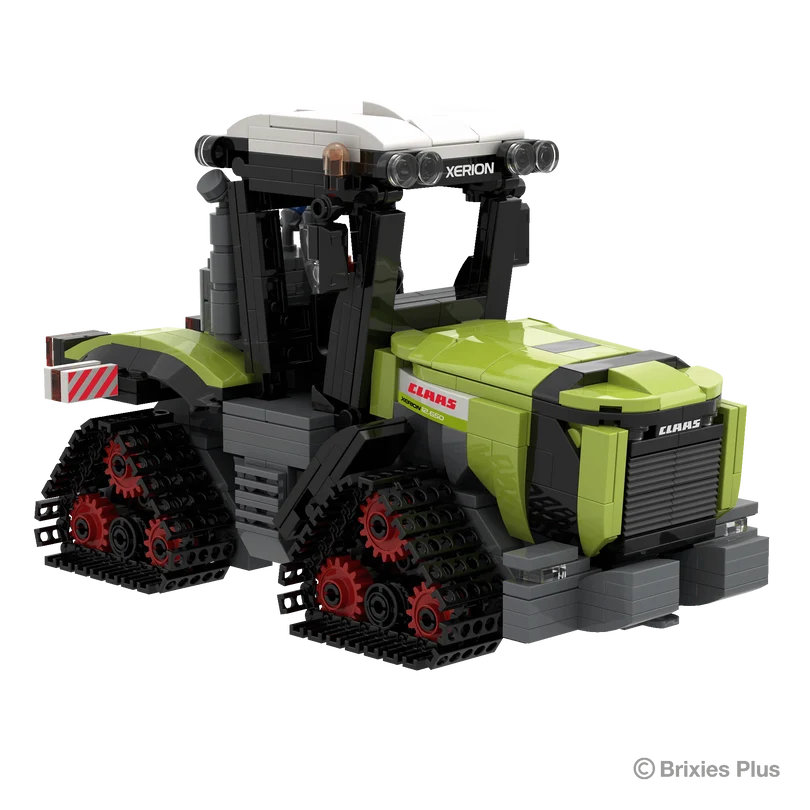 BRIXIES Plus CLAAS XERION 12.650 TERRA TRAC viewed from the front side with the green bonnet, dark front grille, cab and detailed track assemblies visible