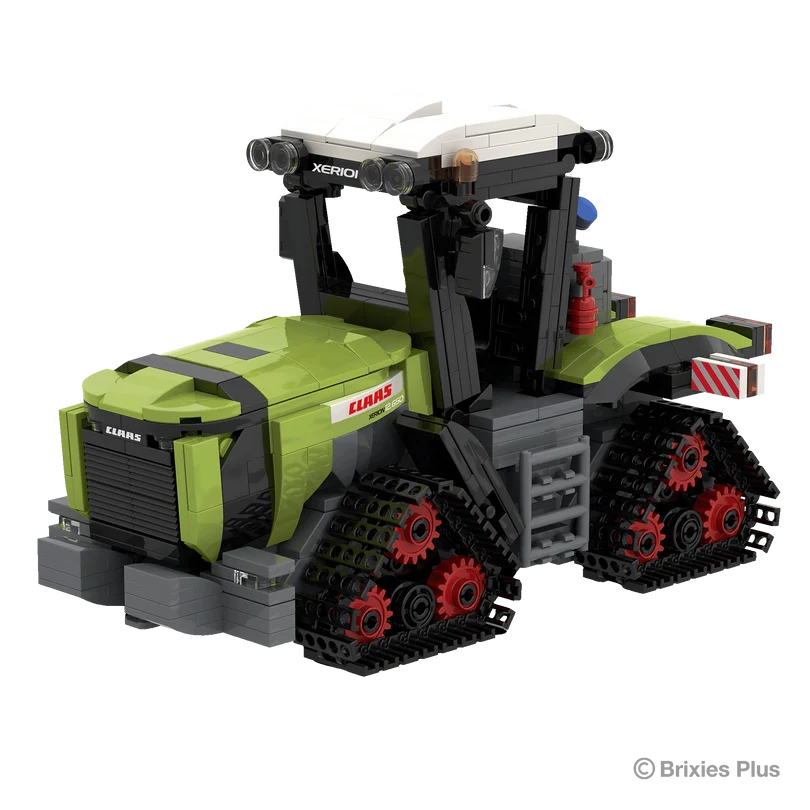 Front angled view of the BRIXIES Plus CLAAS XERION 12.650 TERRA TRAC showing the wide bonnet, front weight block, cab and four TERRA TRAC track units