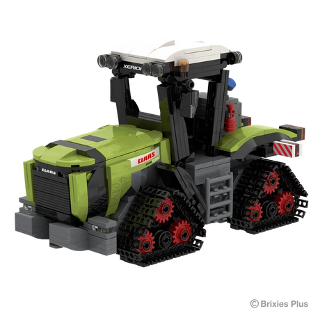Front angled view of the BRIXIES Plus CLAAS XERION 12.650 TERRA TRAC showing the wide bonnet, front weight block, cab and four TERRA TRAC track units