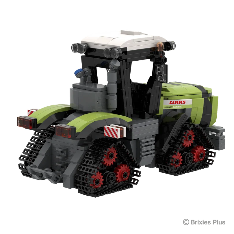 Rear angled view of the BRIXIES Plus CLAAS XERION 12.650 TERRA TRAC showing the rear linkage, cab, warning panels and tracked undercarriage
