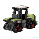 Rear angled view of the BRIXIES Plus CLAAS XERION 12.650 TERRA TRAC showing the rear linkage, cab, warning panels and tracked undercarriage