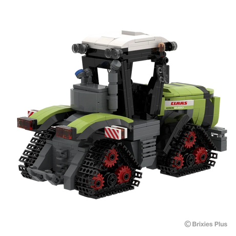 Rear angled view of the BRIXIES Plus CLAAS XERION 12.650 TERRA TRAC showing the rear linkage, cab, warning panels and tracked undercarriage
