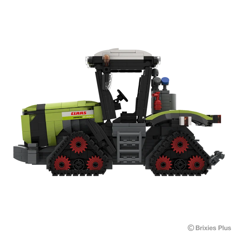 BRIXIES Plus CLAAS XERION 12.650 TERRA TRAC in side profile showing the green tractor body, enclosed cab and four black tracked units with red wheel centres