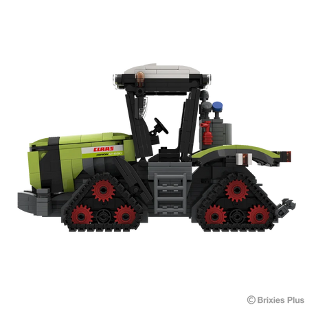 BRIXIES Plus CLAAS XERION 12.650 TERRA TRAC in side profile showing the green tractor body, enclosed cab and four black tracked units with red wheel centres