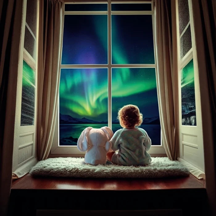 Child and white plush bunny sitting together on a window seat, looking out at green and blue Northern Lights above a dark mountain landscape.