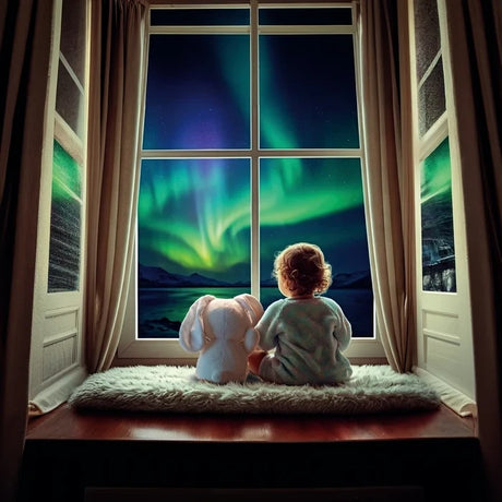 Child and white plush bunny sitting together on a window seat, looking out at green and blue Northern Lights above a dark mountain landscape.