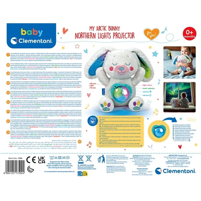 Back of the Clementoni Arctic Bunny Projector packaging showing the bunny, electronic controls, multilingual product information and photographs of a baby and Northern Lights projections.