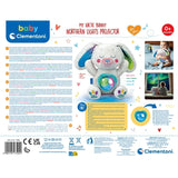 Back of the Clementoni Arctic Bunny Projector packaging showing the bunny, electronic controls, multilingual product information and photographs of a baby and Northern Lights projections.