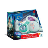 Baby Clementoni My Arctic Bunny Northern Lights Projector in blue retail display packaging, showing the white plush bunny, projector lens and 0+ age marking.