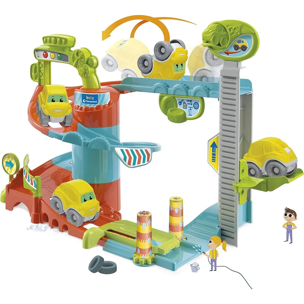 Clementoni Baby Fun Garage playset with yellow cars, spiral ramp, lift and car wash rollers made from recycled plastic in Ireland