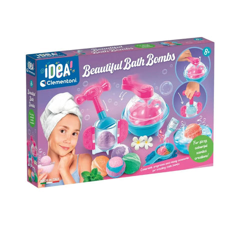 Clementoni Idea Beautiful Bath Bombs retail box showing a girl with a towel around her hair, pink and turquoise bath bomb presses, colourful bath bombs and 8+ age marking.