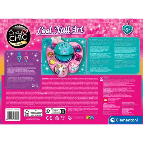 Back of Clementoni Crazy Chic Cool Nail Art packaging showing the nail art station, product information, safety instructions and barcode 8005125185993.