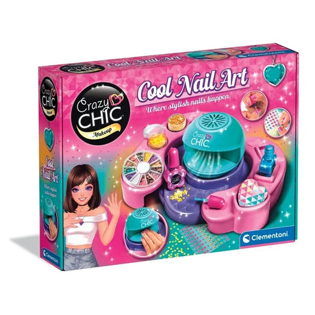 Clementoni Crazy Chic Cool Nail Art pink retail box showing the turquoise nail dryer, pink nail art station, nail polish bottles, glitter and nail decorations.