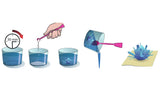 Illustrated crystal growing sequence showing a 30 minute wait, powder being added to blue liquid, a crystal forming in a cup and the crystal being poured onto paper.