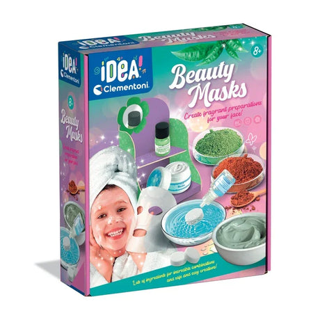 Front box of Clementoni Idea Beauty Masks Science Kit showing ingredients and face mask activity in Ireland