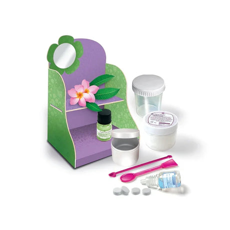 Clementoni Idea Beauty Masks Science Kit showing compressed fabric masks, jars, spoons and essential oil bottle in Ireland