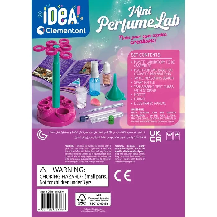 Back of the Clementoni Mini Perfume Lab box showing the kit contents, assembled stand and safety information.