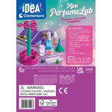 Back of the Clementoni Mini Perfume Lab box showing the kit contents, assembled stand and safety information.