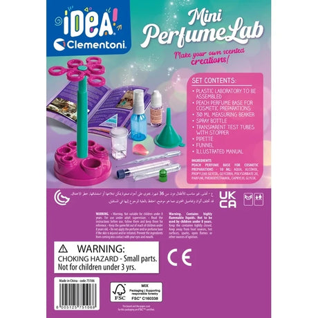 Back of the Clementoni Mini Perfume Lab box showing the kit contents, assembled stand and safety information.