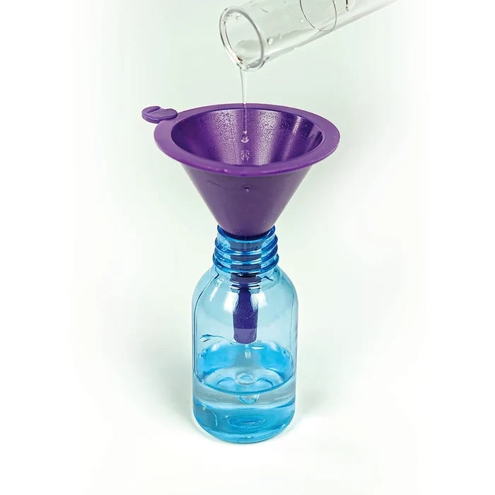 Clear liquid being poured through a purple funnel into a blue bottle.