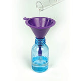 Clear liquid being poured through a purple funnel into a blue bottle.