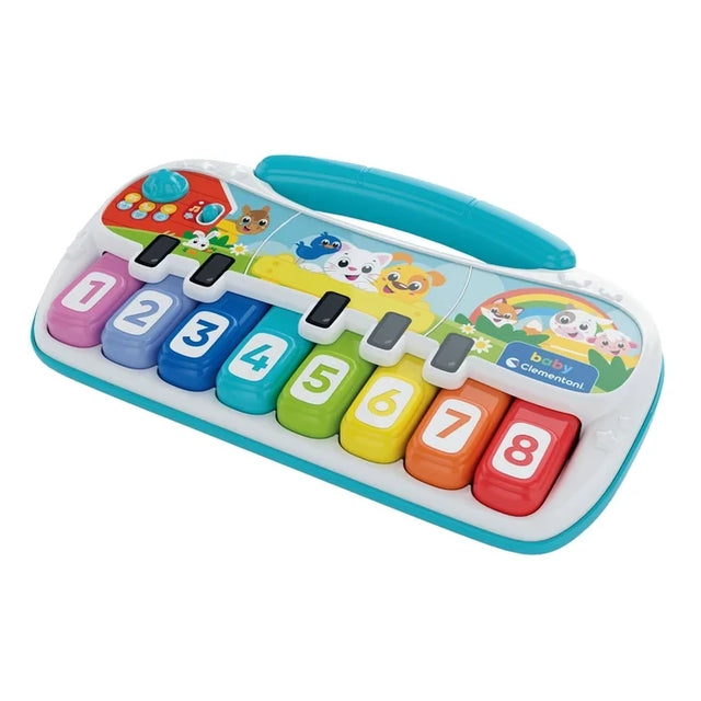 Angled photograph of Clementoni Play & Learn Animal Piano showing eight colourful numbered keys, black piano keys, animal illustrations and turquoise carrying handle.