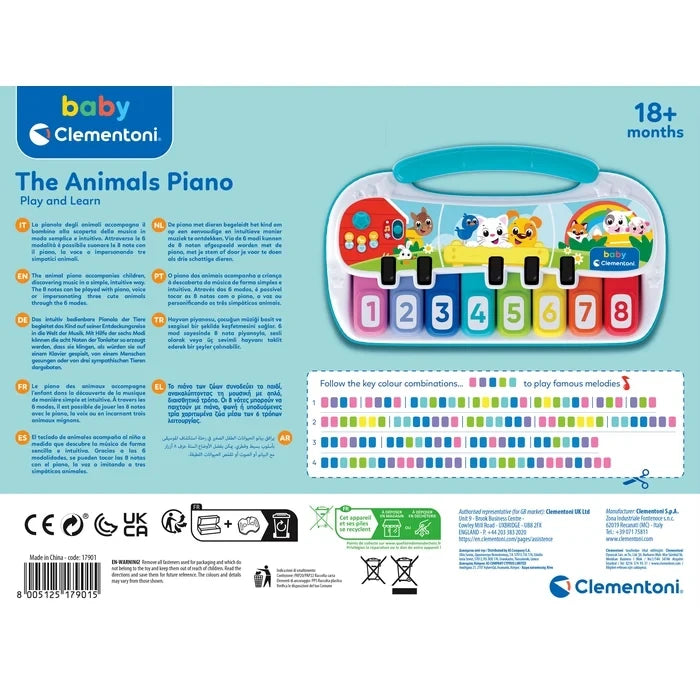 Back of Clementoni Animal Piano packaging with product illustration, multilingual instructions, coloured musical note chart, manufacturer information and barcode 8005125179015.