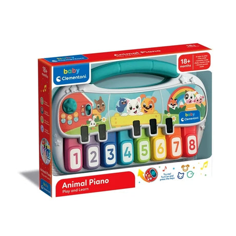 Clementoni Animal Piano in red and blue retail packaging, showing the turquoise handle, eight numbered keys, illustrated animals and 18 months age marking.