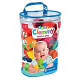 Clementoni Soft Clemmy Touch & Play transparent storage bag with blue carrying handle, colourful soft building blocks, baby photograph and 40 soft blocks branding.
