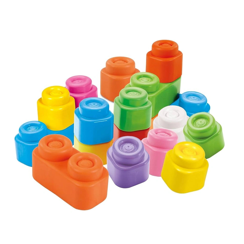 Clementoni Soft Clemmy soft building blocks in assorted bright colours shown stacked and arranged on a white background