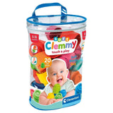 Clementoni Soft Clemmy Bag 20 Blocks retail packaging showing clear carry bag with handle, colourful soft blocks inside, product branding, and baby image on the label