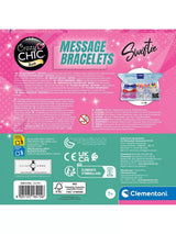 Back of Clementoni Swiftie Message Bracelets packaging showing the bracelet making materials, multilingual product information, manufacturer details, age 7+ marking and barcode 8005125184156.