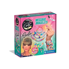 Clementoni Crazy Chic Swiftie Message Bracelets retail box with pink and turquoise packaging, colourful letter bead bracelets, Taylor Swift photograph and Message Bracelets branding.