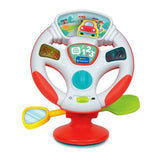 Baby Clementoni Talking Steering Wheel with white and red steering wheel, turquoise horn button, coloured light panels, illustrated red car, yellow rearview mirror and green gear lever.