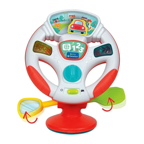 Baby Clementoni Steering Wheel with red curved arrows showing the movable yellow rearview mirror and green gear lever, alongside the coloured buttons and illustrated car dashboard.
