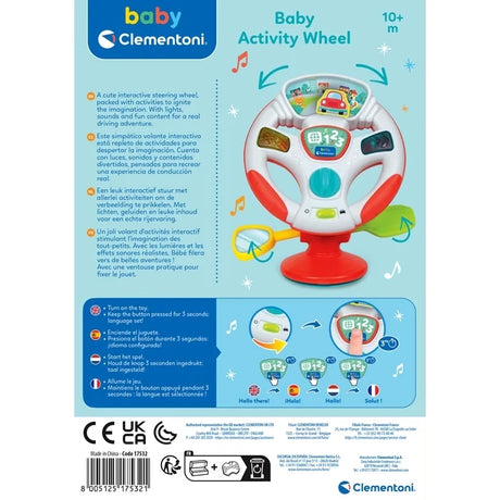 Back of the Baby Clementoni Activity Wheel packaging showing the steering wheel, multilingual instructions, illustrated button functions, language selection instructions and barcode 8005125175321.