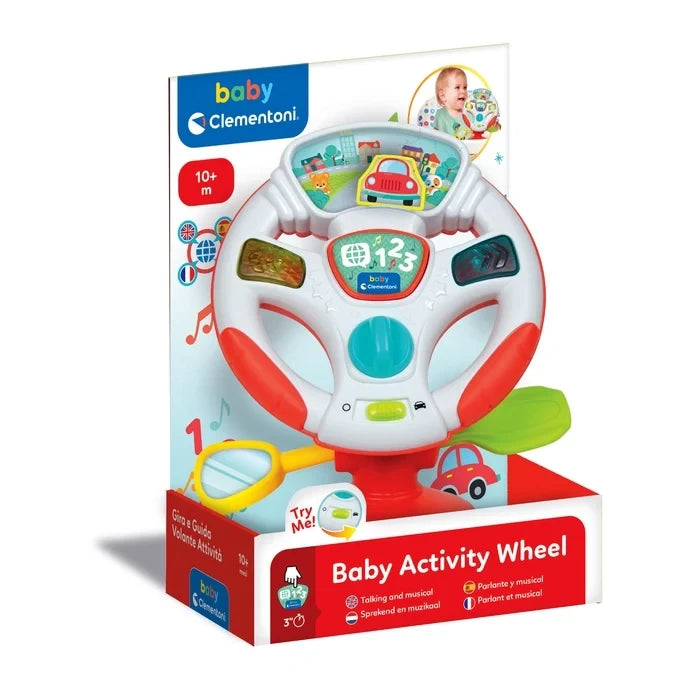 Baby Clementoni Activity Wheel retail packaging showing the white and red steering wheel with coloured buttons, movable mirror, green gear lever, baby photograph and 10+ months age marking.