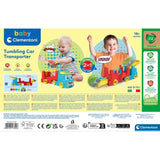 Back of the Clementoni Tumbling Car Transporter packaging showing children playing with the toy, its 2 in 1 transporter and stunt track functions, recycling information and barcode 8005125178926.