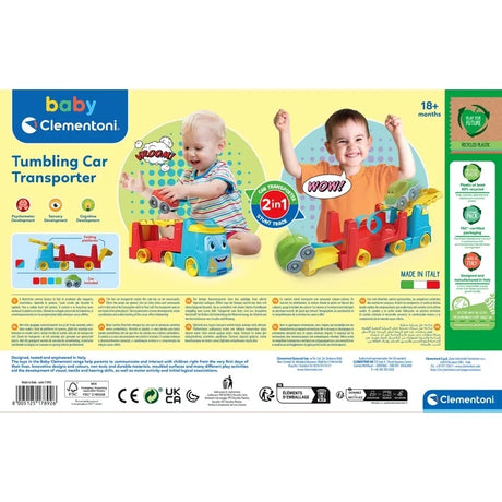Back of the Clementoni Tumbling Car Transporter packaging showing children playing with the toy, its 2 in 1 transporter and stunt track functions, recycling information and barcode 8005125178926.