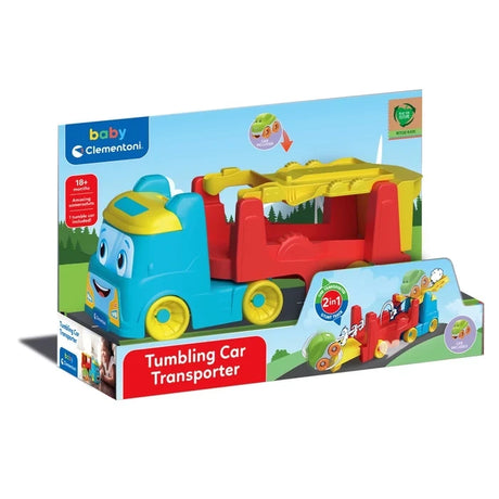 Clementoni Tumbling Car Transporter in its open-front retail packaging, showing the blue and red lorry, yellow track, green car illustrations and Tumbling Car Transporter branding.