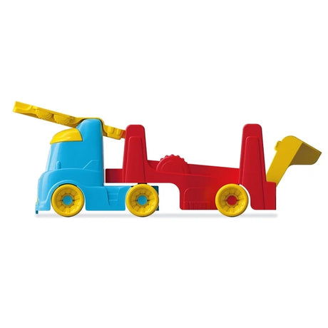 Side profile of the Clementoni Tumbling Car Transporter showing its blue cab, red trailer, raised yellow upper track and extended yellow rear ramp.