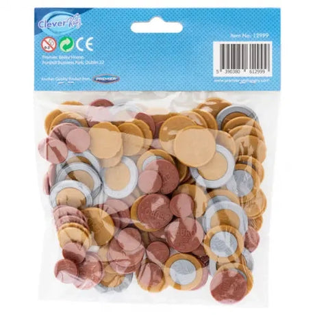 Clever Kidz Euro Coin Money Set Pack of 120 back packaging showing the bag of plastic euro coins and barcode panel