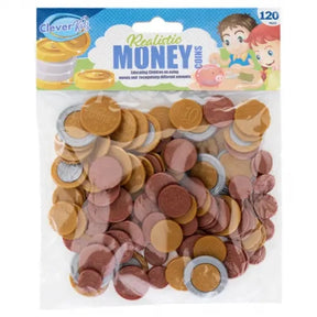 Clever Kidz Euro Coin Money Set Pack of 120 front packaging showing the bag filled with plastic euro coins
