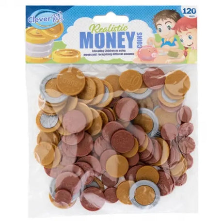 Clever Kidz Euro Coin Money Set Pack of 120 front packaging showing the bag filled with plastic euro coins