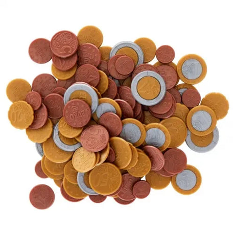 Clever Kidz Euro Coin Money Set Pack of 120 showing a pile of loose plastic euro coins