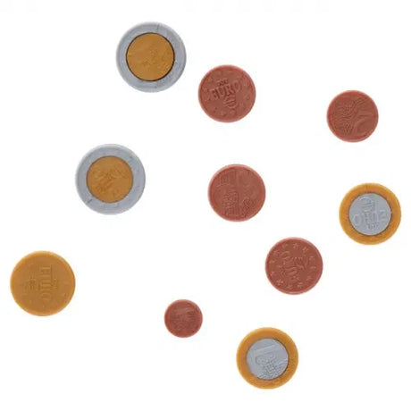 Clever Kidz Euro Coin Money Set Pack of 120 showing assorted loose plastic euro coins arranged separately