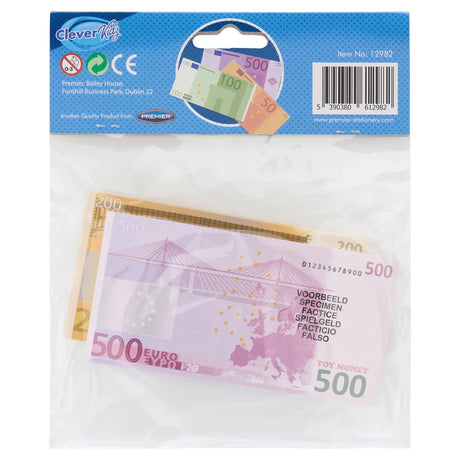 Clever Kidz Euro Paper Money Set Pack of 70 back packaging showing barcode panel and paper euro notes inside the bag