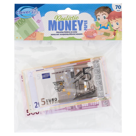 Clever Kidz Euro Paper Money Set Pack of 70 front packaging showing paper euro notes inside the bag