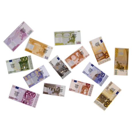 Clever Kidz Euro Paper Money Set Pack of 70 showing loose paper euro notes in assorted denominations